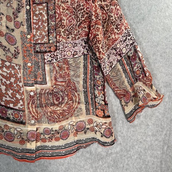 Nicola Blouse Women Medium Pink Black Beige Sheer Boho Button up flowers western - Picture 3 of 11